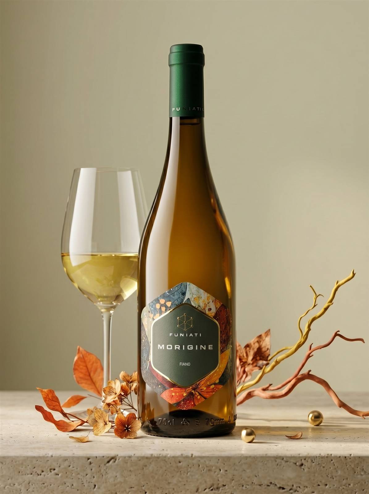 Vino bianco Funiati Morigine, still life essenziale